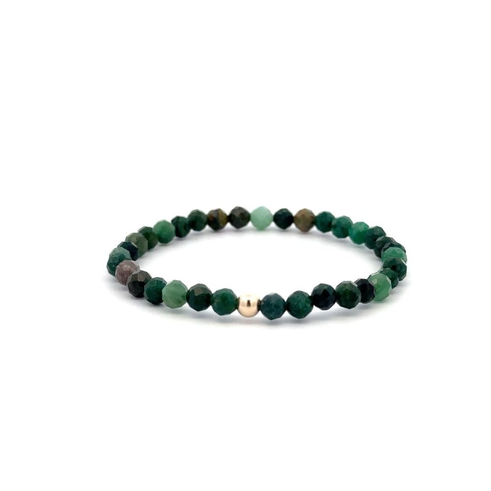Emerald Micro Faceted Gemstone Beaded Stretch Bracelet with 14K Gold Accent Bead